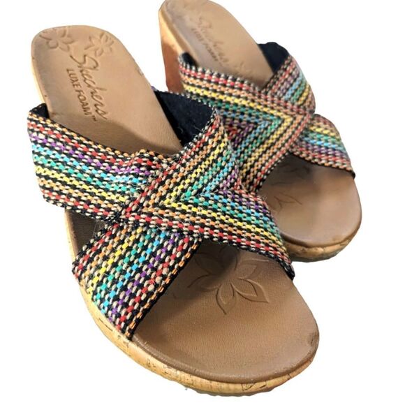 Skechers Luxe Foam Multi-Color Wedge Heel Sandals Slides‎ Women's sz 10 - Picture 1 of 9
